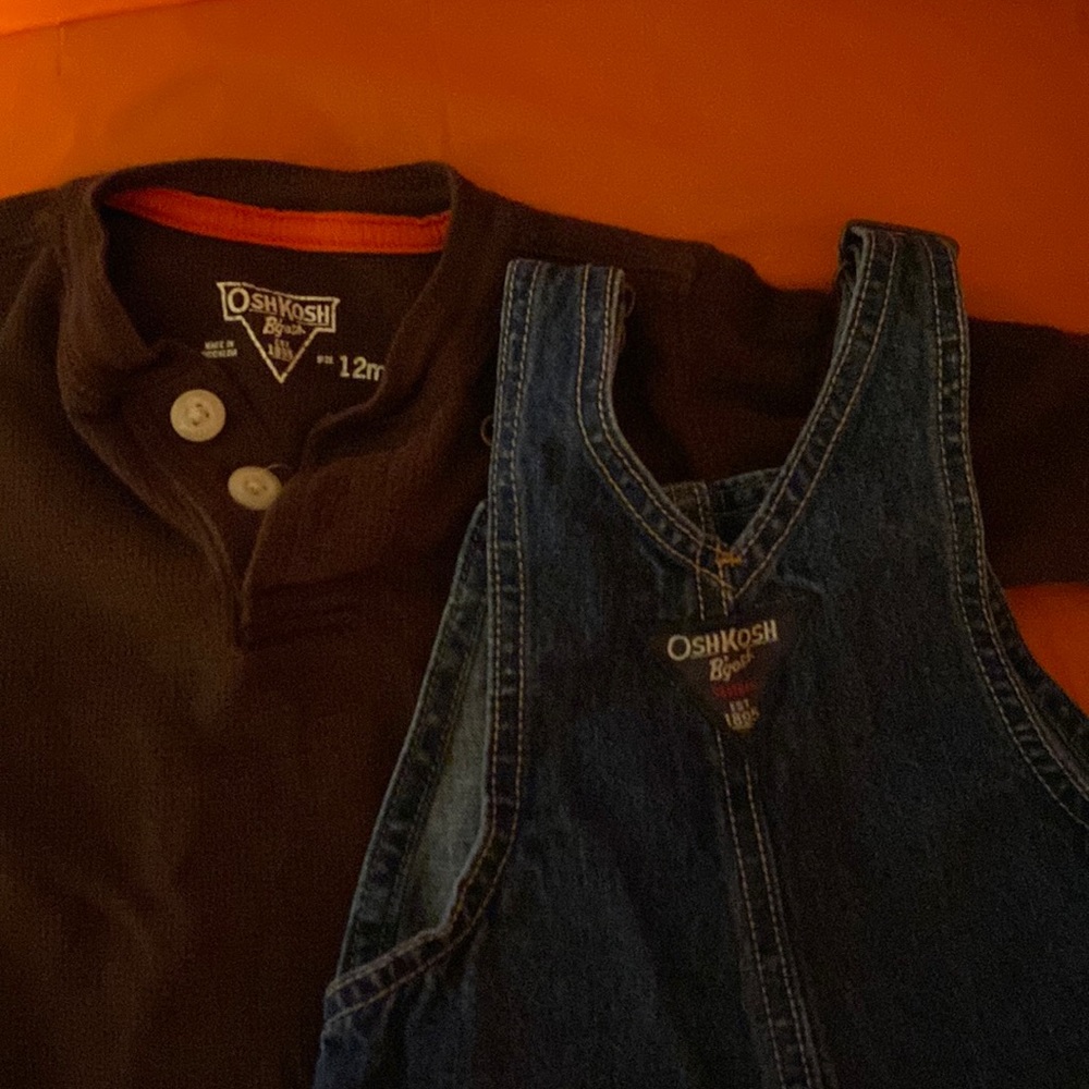 Osh Kosh pair, overalls and long sleeve thermal shirt.